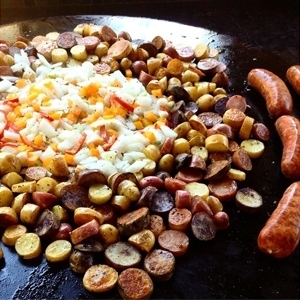 Grilled Sausage, Peppers, Onions, and Peppers on the Evo Flattop Griddle